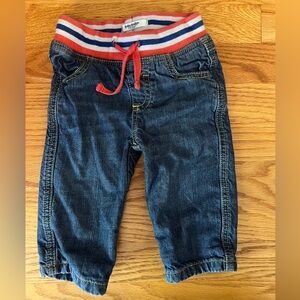3-6 months Baby Boden lined denim jeans with red and blue cotton waistband